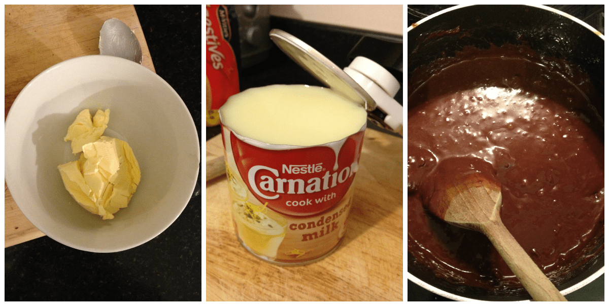 combining butter, chocolate and condensed milk