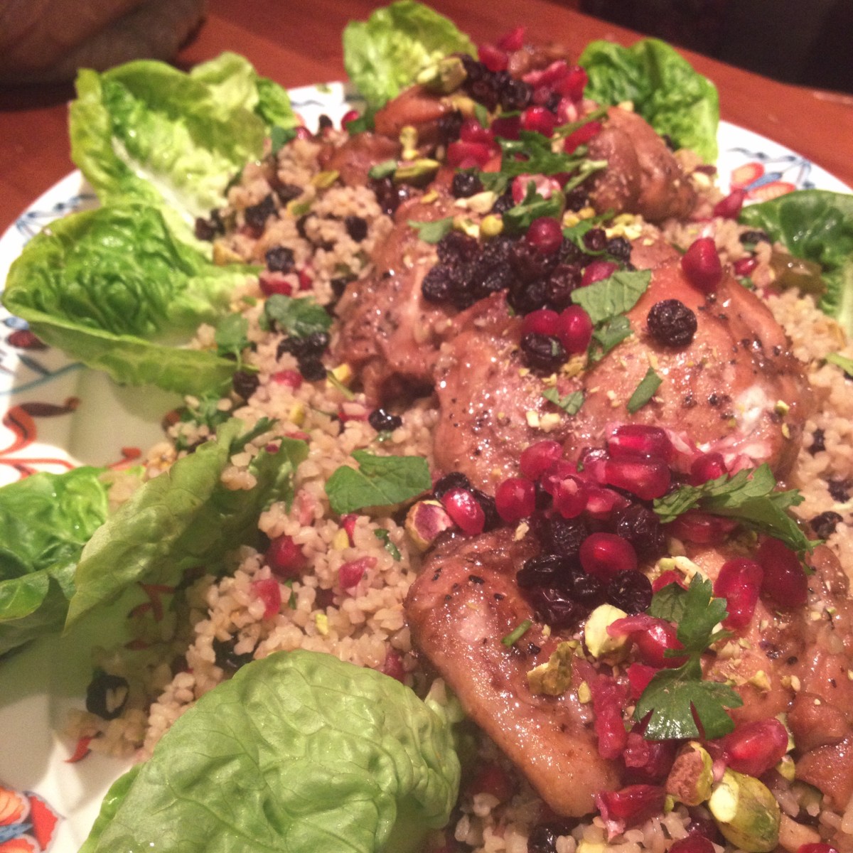 pomegranate molasses chicken with bulgar wheat salad emmarosetully