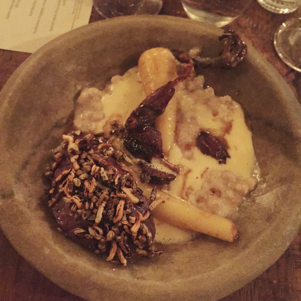 Hay smoked pigeon, fermented grains, parsnip and hemp granola