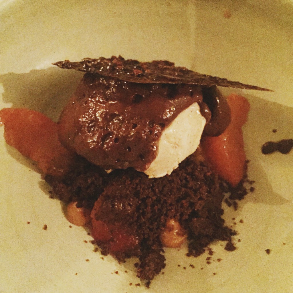 spiced dark chocolate moose, blood prange, brown butter ice cream