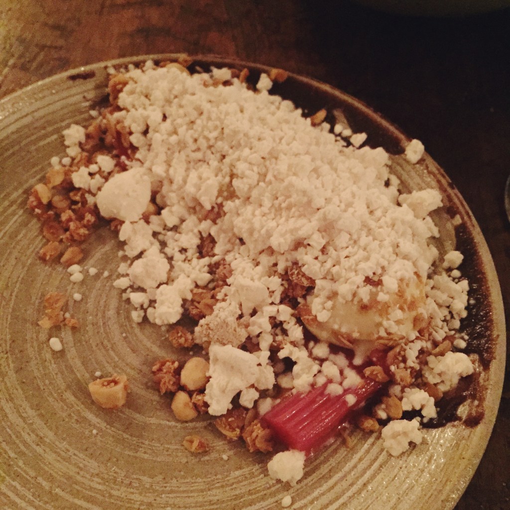 Yorkshire rhubarb, tonka bean custard, Kalamata, hazelnut granola