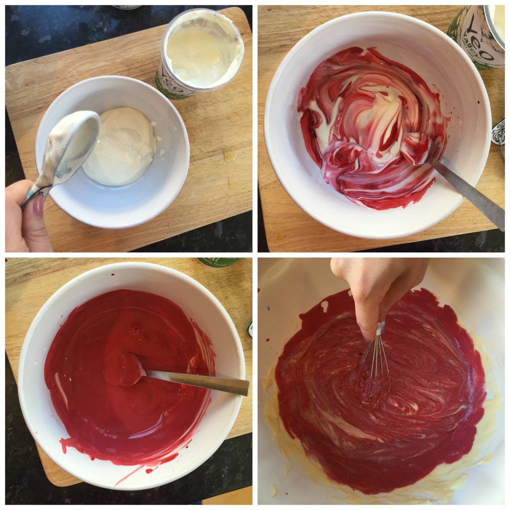 greek yoghurt and red food colouring