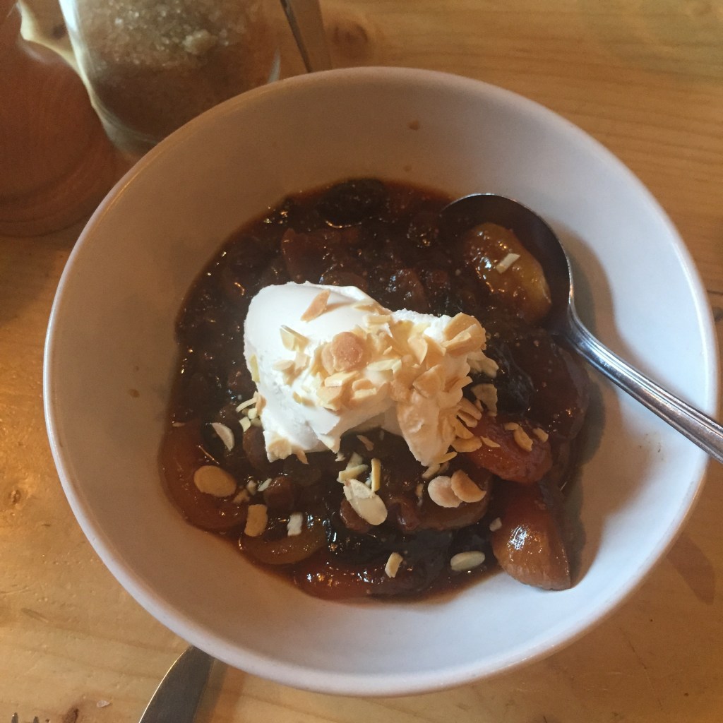 Poached dried fruit, orange blossom, honey mascarpone, almonds