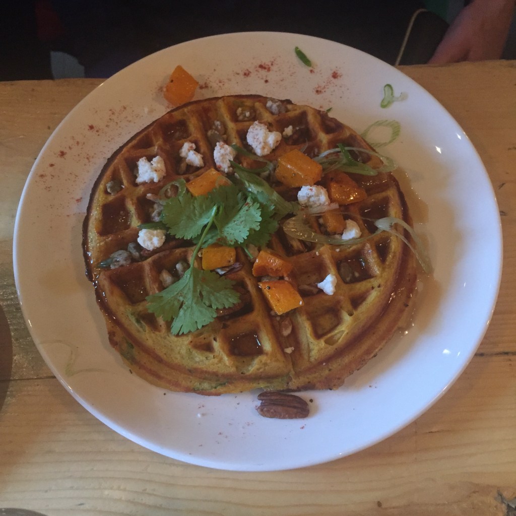 Pumpkin waffle, baked ricotta, maple, pecans