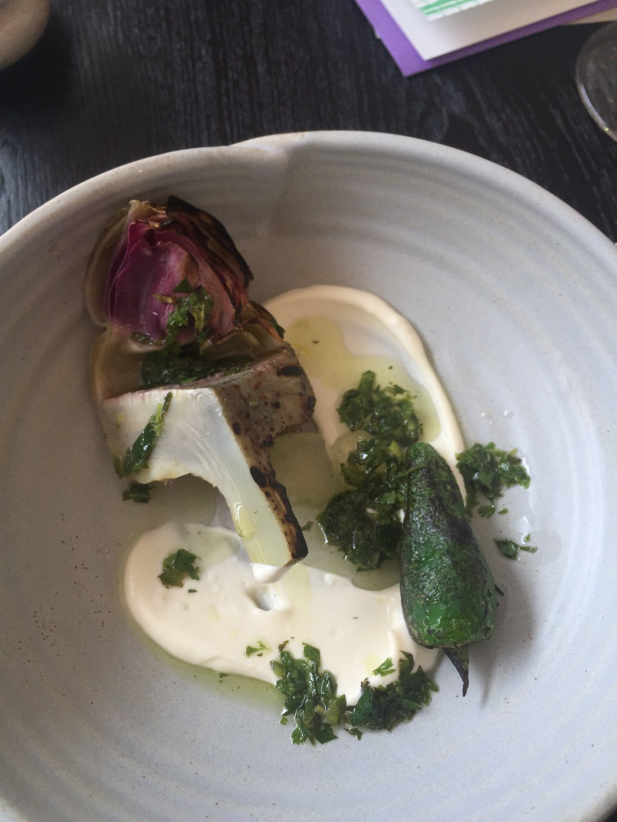 Globe artichokes, padron peppers, fresh curd, herb & chilli salsa