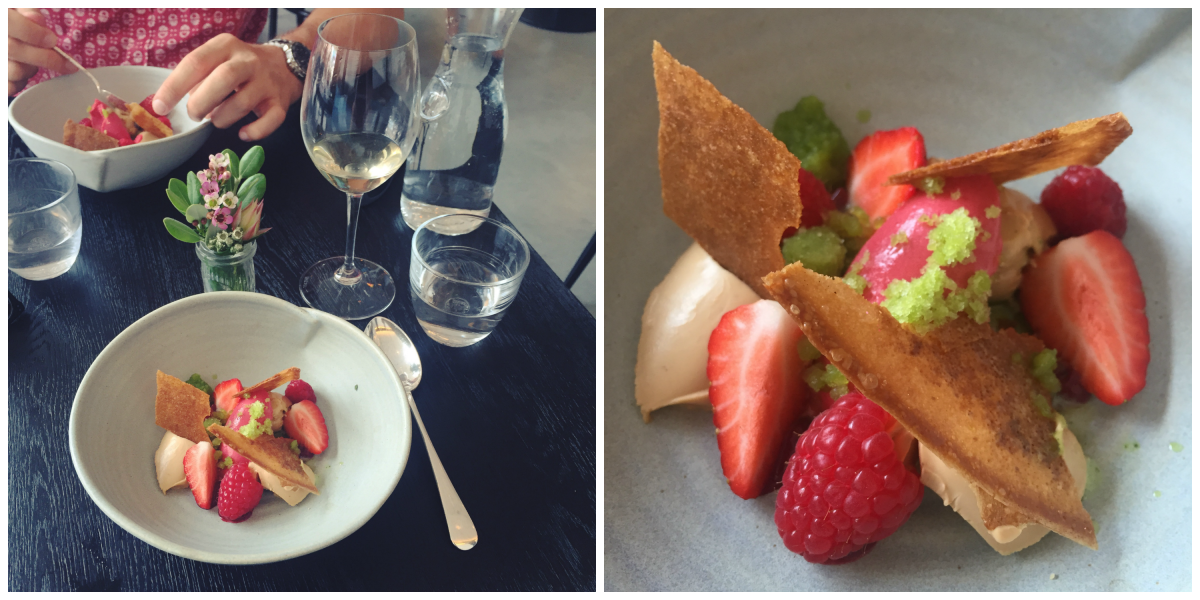 Caramelised white chocolate, strawberries, raspberry & lemon verbena 