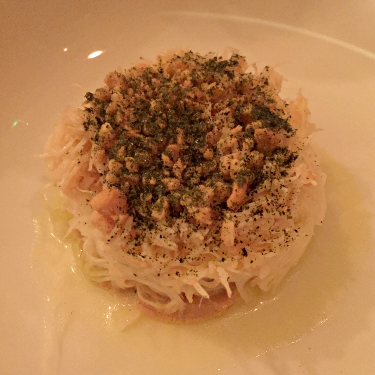 Devon crab, pickled cabbage, peanut