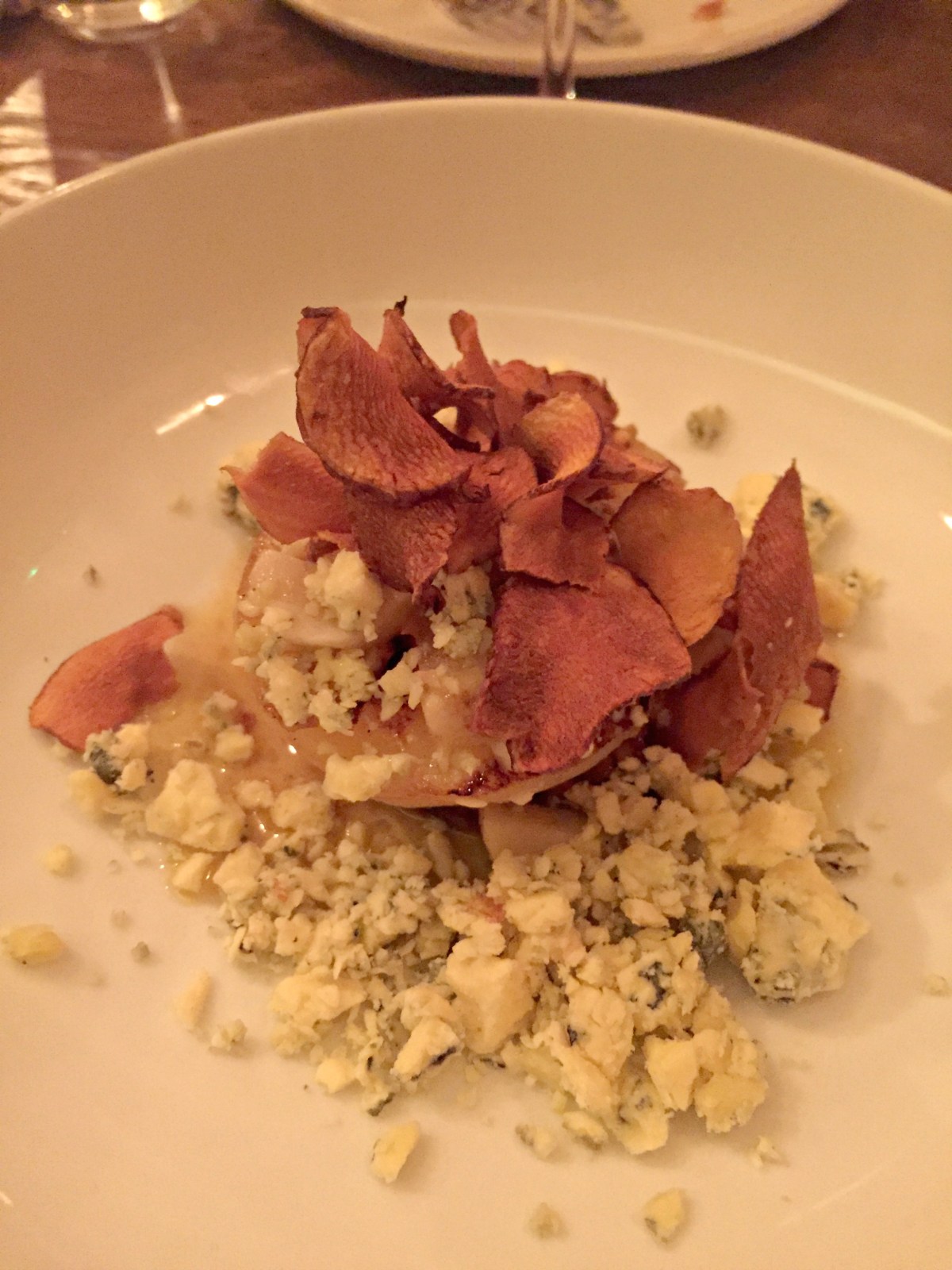 Grilled pear, Jerusalem artichokes, hazelnuts, blue cheese
