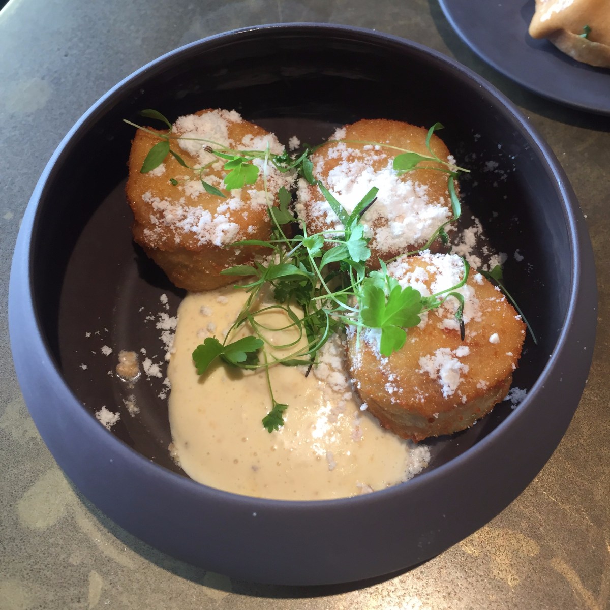 Chicken croquettes with roast chicken skin mayonnaise and chicken skin powder