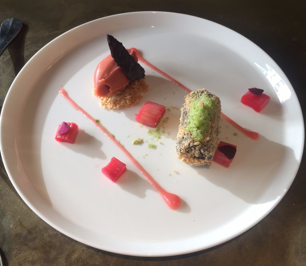 Poached rhubarb and rhubarb sorbet with balsamic vinegar parfait and sorrel granite